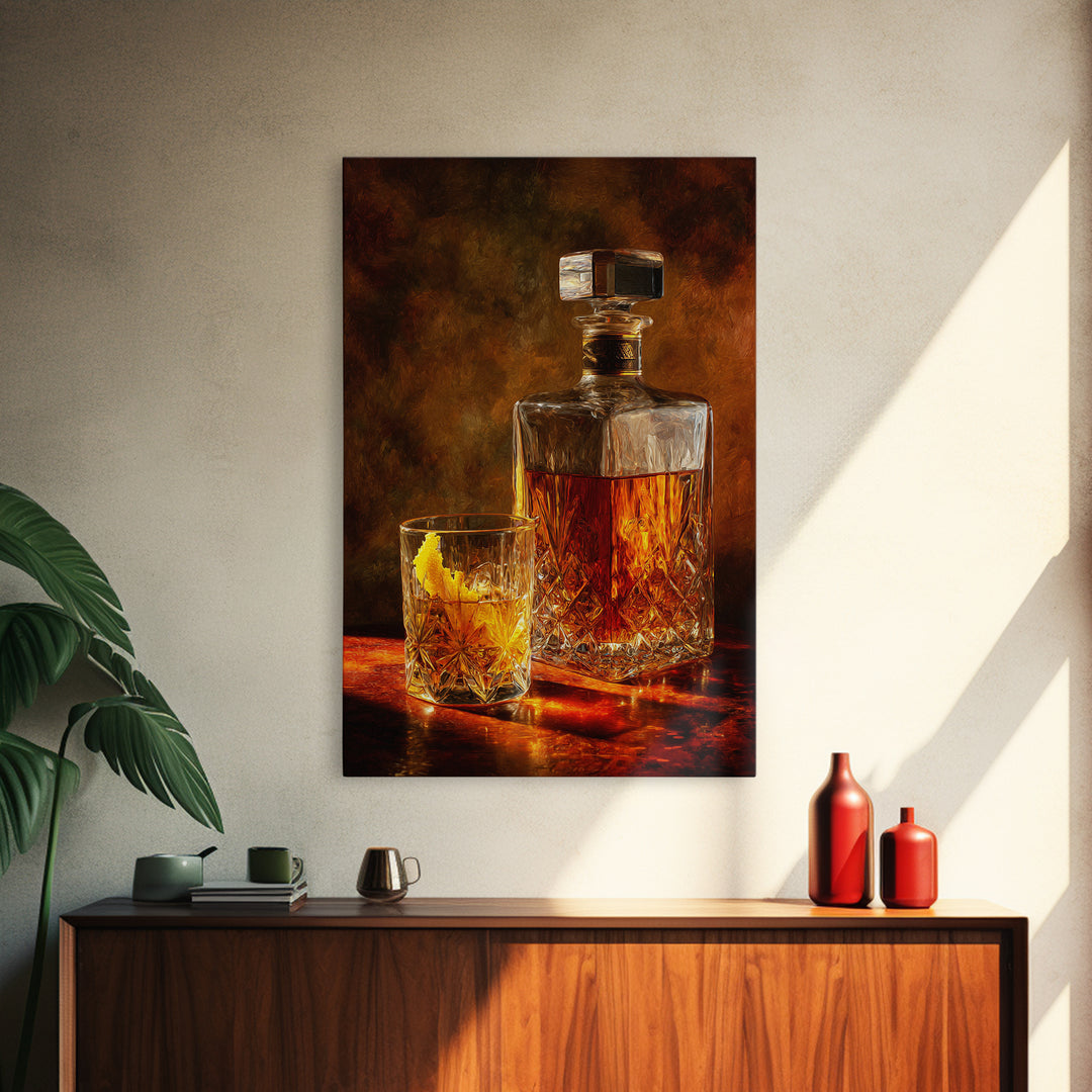 Whiskey Bottle and Cut Crystal Glass Canvas Print, Bar Art, Contemporary Art, Bar Decor, Fine Art, Apartment Decor, BAR-2x3-10