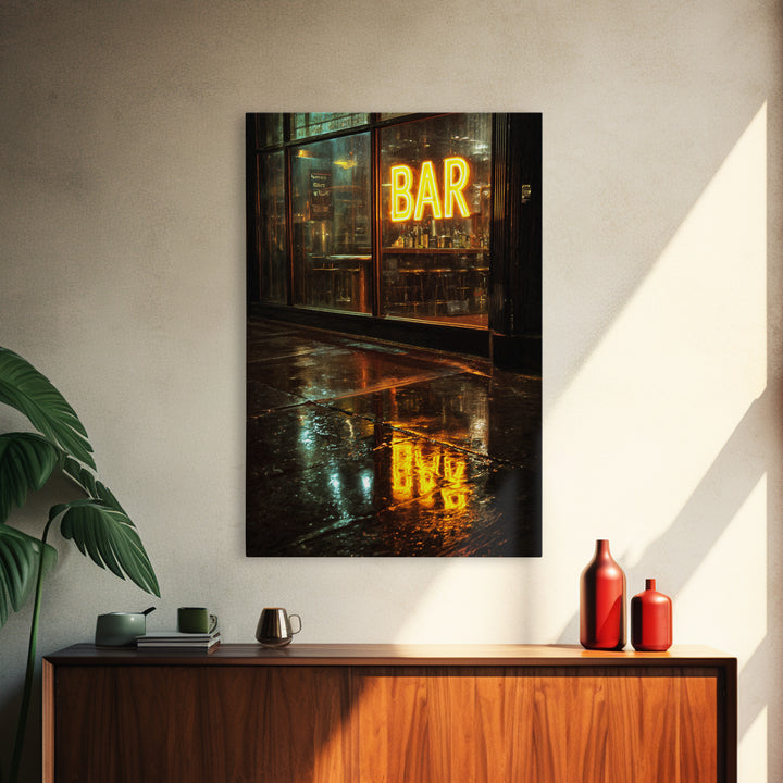 Neon Cocktail Sign Reflected Framed Canvas Print, Bar Art, Digital Print, Bar Decor, Fine Art, Coffee Wall Art, BAR-2x3-13