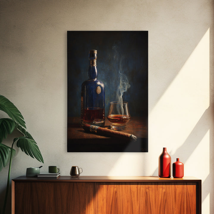 Dark Moody Cigar and Whiskey Still Life Canvas Print, Bar Art, Kitchen Wall Decor, Bar Decor, Fine Art, Bar Cart Art, BAR-2x3-65