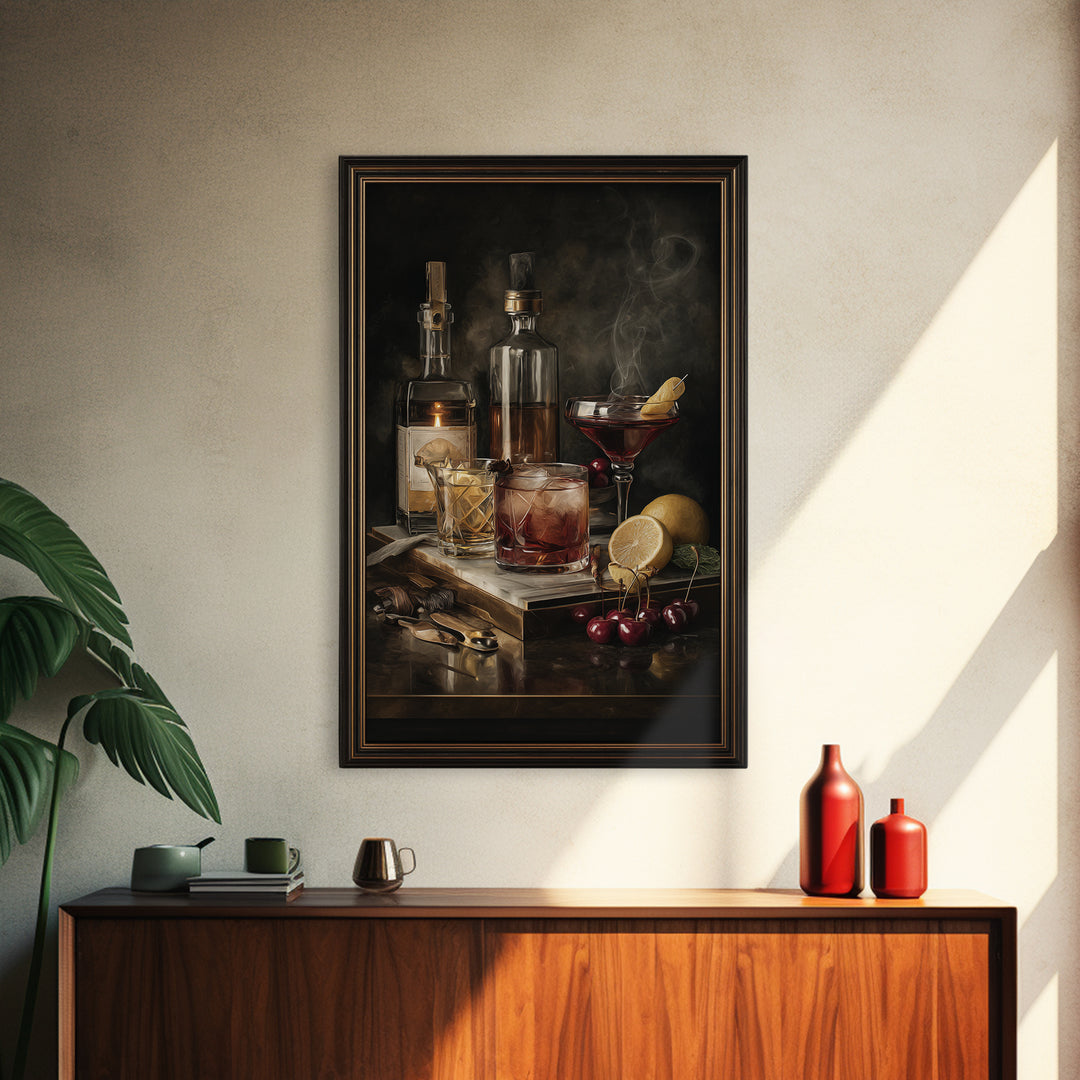 Cocktail Recipe Diagram Styled as Elegant Art Framed Canvas Print, Bar Art, Living Room Art, Bar Decor, Fine Art, BAR-2x3-76