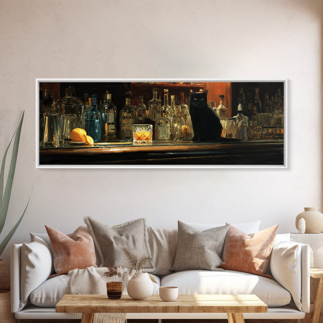 Black Cat Beside a Glowing Bar Neon Canvas Print, Bar Art, Art Print, Bar Decor, Fine Art, Kitchen Wall Decor, BAR-3x1-30