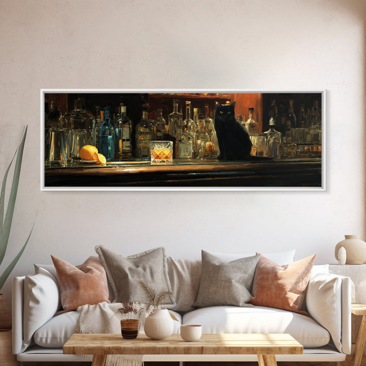 Black Cat Beside a Glowing Bar Neon Canvas Print, Bar Art, Art Print, Bar Decor, Fine Art, Kitchen Wall Decor, BAR-3x1-30