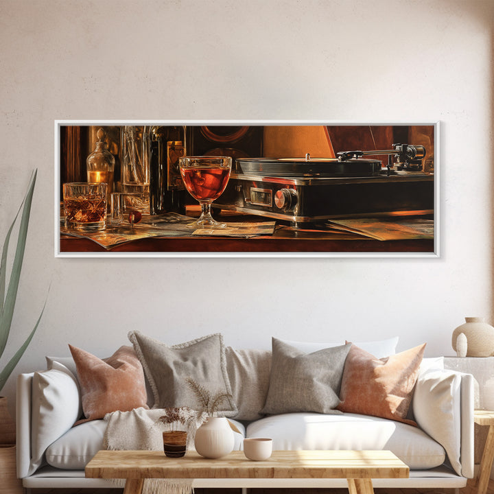Wine and Record Player Lounge Still Life Framed Canvas Print, Bar Art, Cocktail Wall Art, Bar Decor, Fine Art, BAR-3x1-53