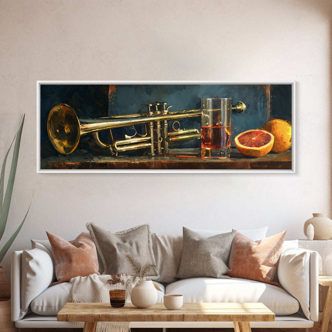 Moody Jazz Trumpet Beside a Half Full Framed Canvas Print, Bar Art, Kitchen Wall Decor, Bar Decor, Fine Art, BAR-3x1-58