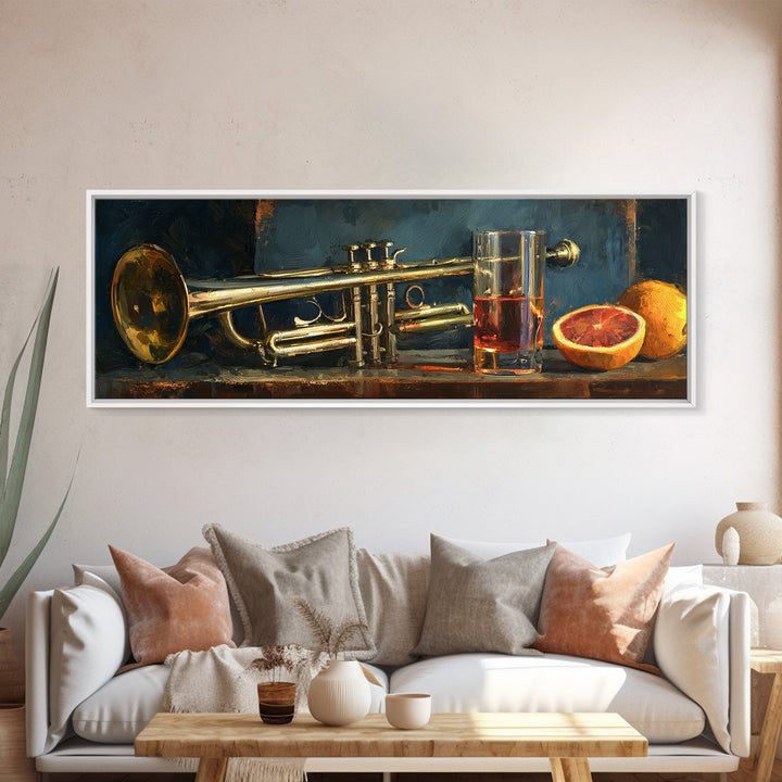 Moody Jazz Trumpet Beside a Half Full Framed Canvas Print, Bar Art, Kitchen Wall Decor, Bar Decor, Fine Art, BAR-3x1-58