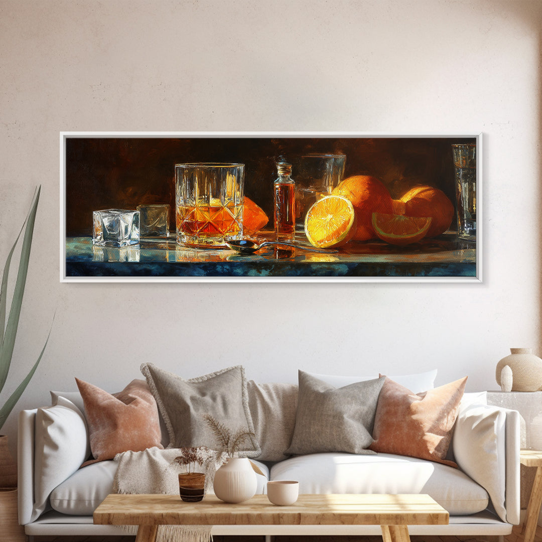 Orange Bitters and Bar Spoon Still Life Canvas Print, Bar Art, Bar Cart Decor, Bar Decor, Oil Painting, Minimalist Decor, BAR-3x1-61