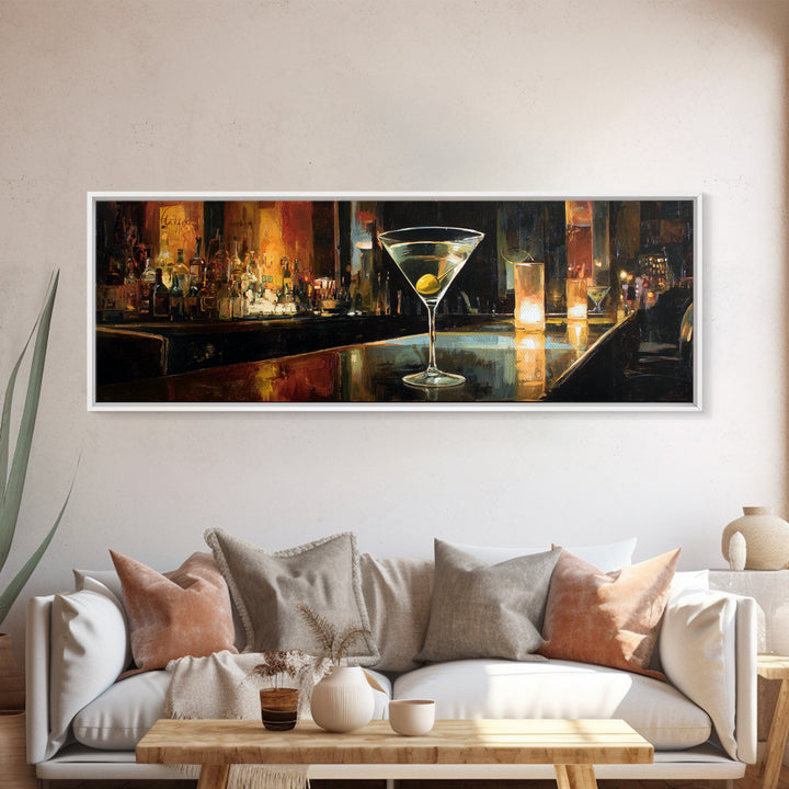 Martini Glass with Olive on a Black Framed Canvas Print, Bar Art, Apartment Decor, Bar Decor, Abstract Art, Living Room Art, BAR-3x1-67