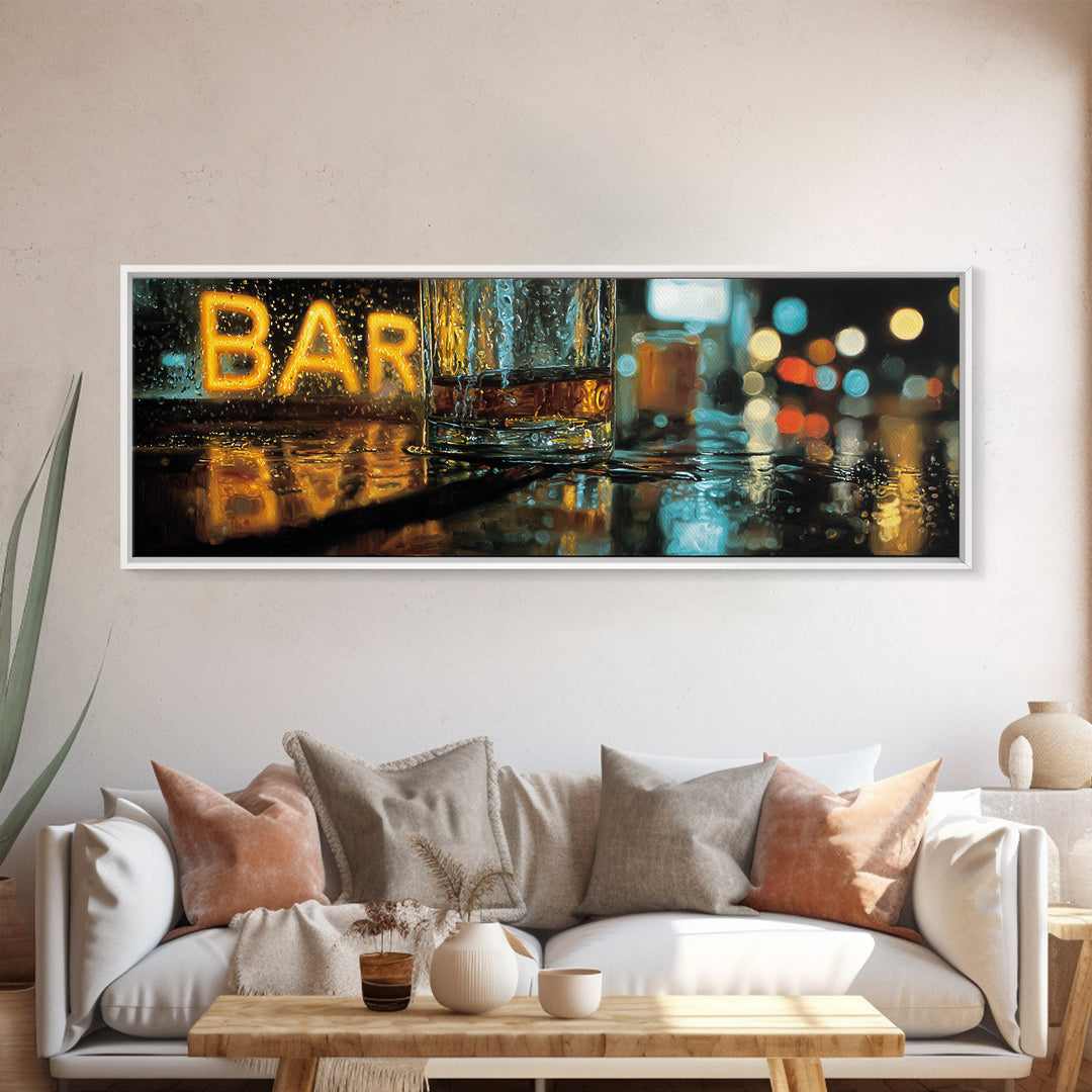 Neon Cocktail Sign Reflected Framed Canvas Print, Bar Art, Gallery Decor, Bar Decor, Fine Art, Wall Art, Home Decor, BAR-3x1-69