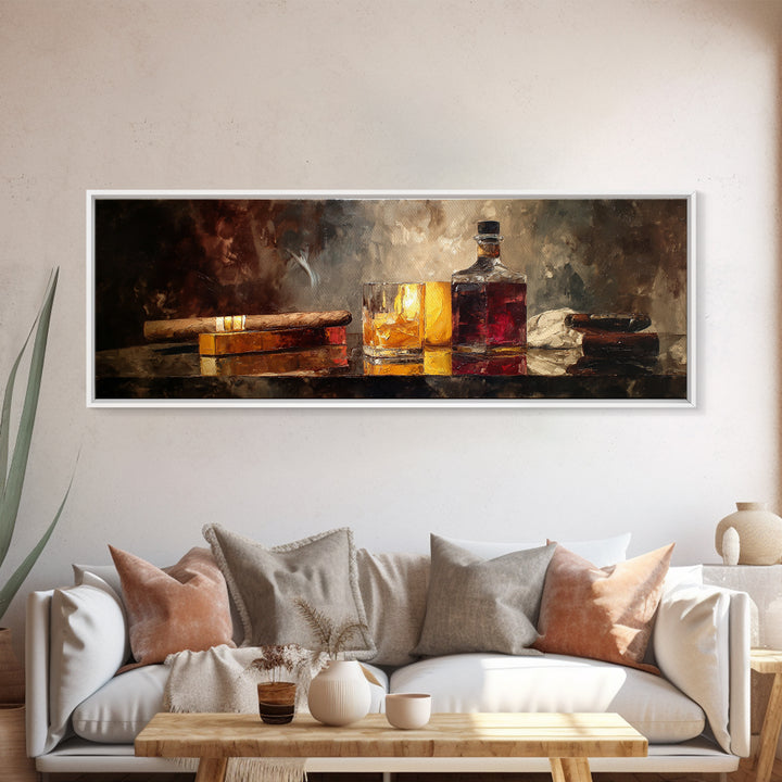 Dark Moody Cigar and Whiskey Still Life Framed Canvas Print, Bar Art, Neutral Decor, Bar Decor, Fine Art, Home Decor, BAR-3x1-73