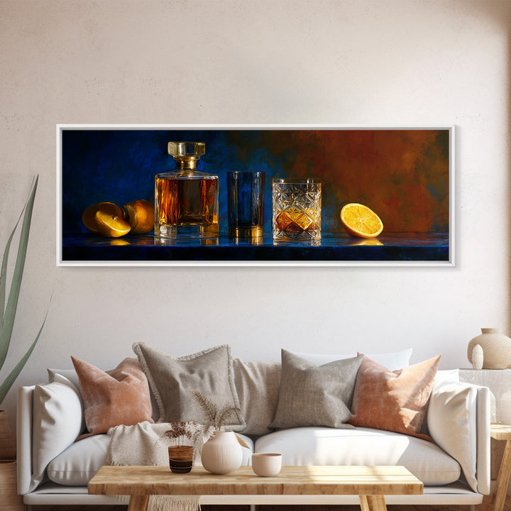 Whiskey Bottle and Cut Crystal Glass Framed Canvas Print, Bar Art, Living Room Art, Bar Decor, Fine Art, Luxury Decor, BAR-3x1-90