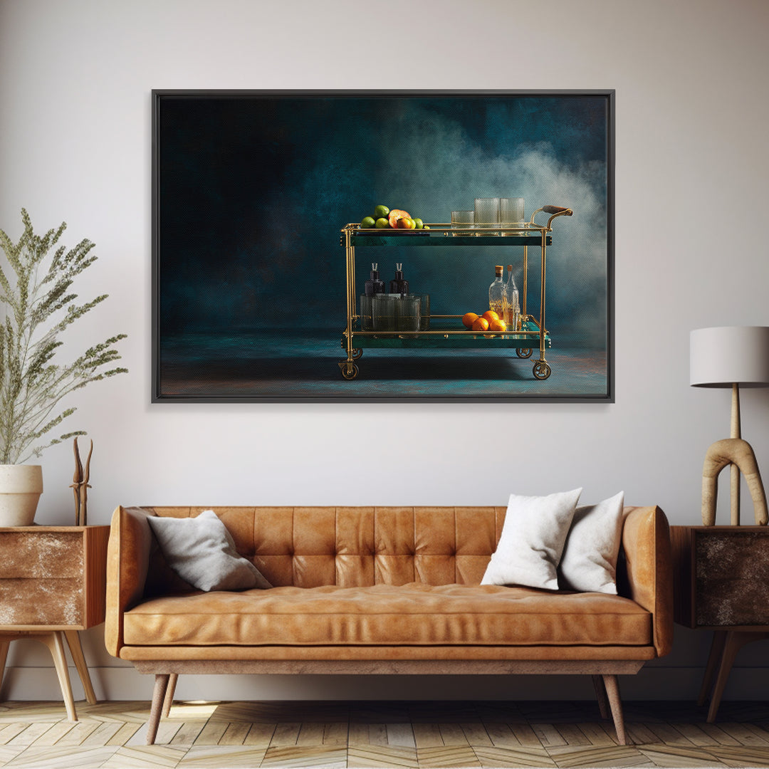 Luxury Emerald Bar Cart Arrangement Framed Canvas Print, Bar Art, Kitchen Wall Art, Bar Decor, Fine Art, Coffee Wall Art, BAR-3x2-2