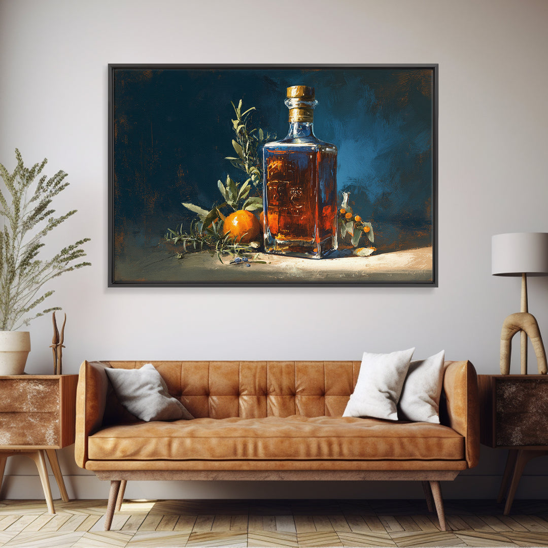 Gin Bottle with Botanicals and Juniper Branches Framed Canvas Print, Bar Art, Canvas Wall Art, Bar Decor, Fine Art, BAR-3x2-59
