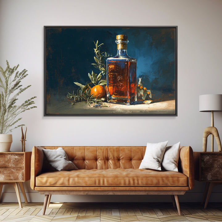 Gin Bottle with Botanicals and Juniper Branches Framed Canvas Print, Bar Art, Canvas Wall Art, Bar Decor, Fine Art, BAR-3x2-59