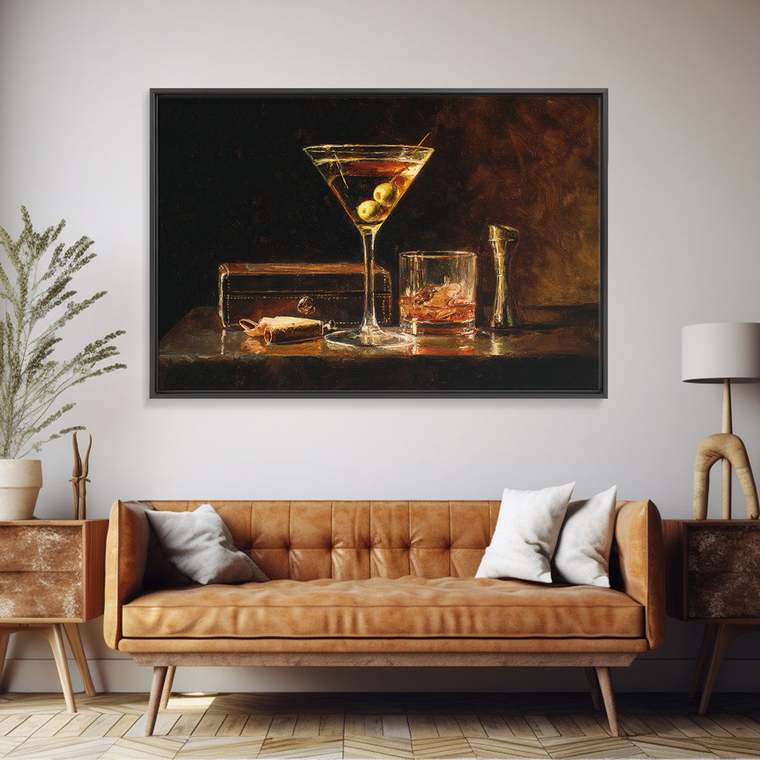Martini Glass with Olive on a Black Framed Canvas Print, Bar Art, Apartment Decor, Bar Decor, Abstract Art, Living Room Art, BAR-3x2-7