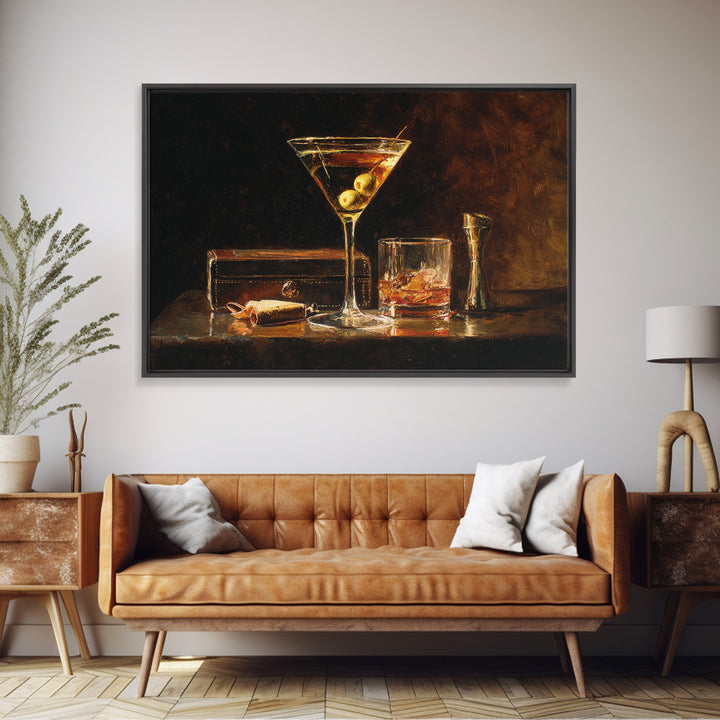 Martini Glass with Olive on a Black Framed Canvas Print, Bar Art, Apartment Decor, Bar Decor, Abstract Art, Living Room Art, BAR-3x2-7