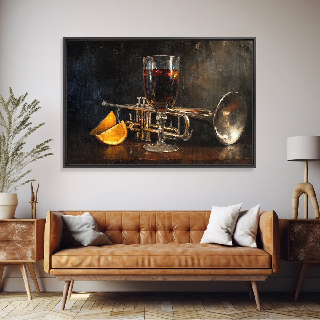 Moody Jazz Trumpet Beside a Half Full Framed Canvas Print, Bar Art, Bar Signs, Bar Decor, Fine Art, Modern Decor, BAR-3x2-70
