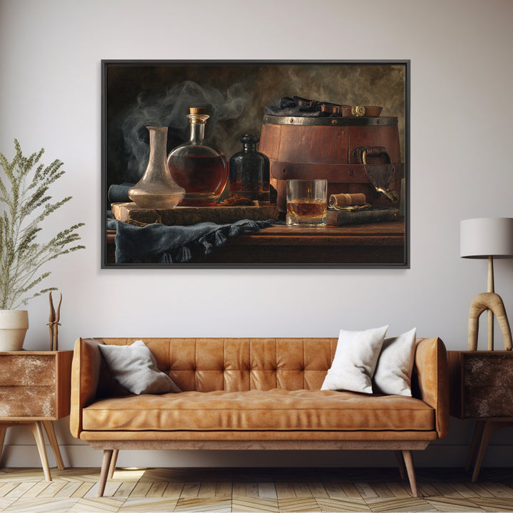 Bourbon Barrel Still Life Framed Canvas Print, Bar Art, Bar Cart Decor, Bar Decor, Oil Painting, Minimalist Decor, BAR-3x2-82