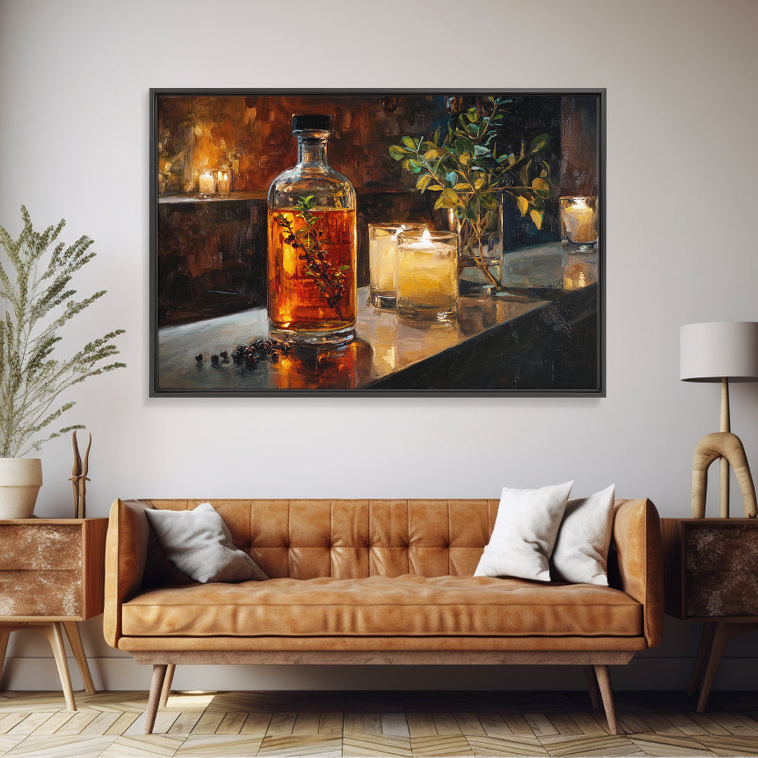 Gin Bottle with Botanicals and Juniper Branches Canvas Print, Bar Art, Bar, Bar Decor, Oil Painting, Living Room Art, BAR-3x2-83