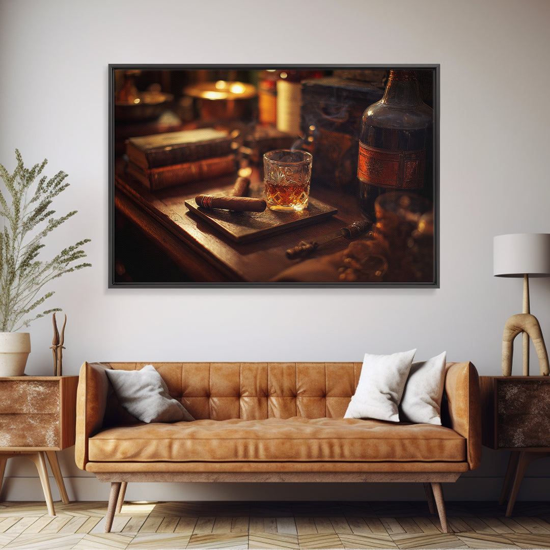 Dark Moody Cigar and Whiskey Still Life Framed Canvas Print, Bar Art, Statement Artwork, Bar Decor, Fine Art, BAR-3x2-85