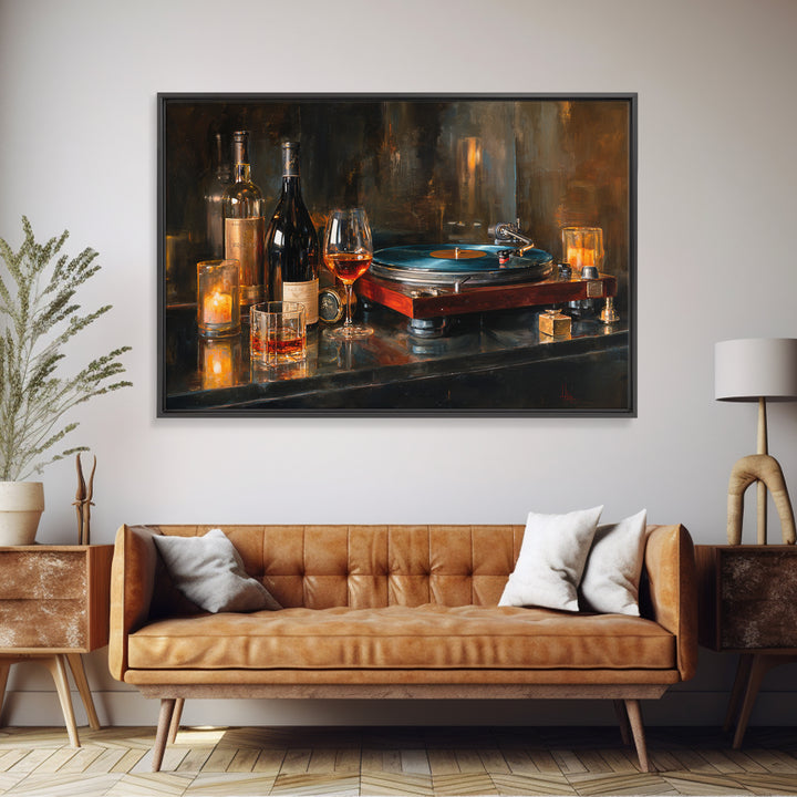 Wine and Record Player Lounge Still Life Canvas Print, Bar Art, Boho Decor, Bar Decor, Oil Painting, Art Print, BAR-3x2-89