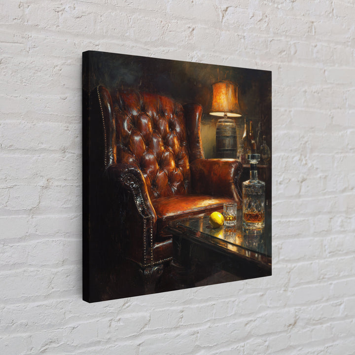 Whiskey Barrel and Leather Chair Mood Painting Canvas Print, Basement Art, Original Art Prints, Living Room Decor, Retreat, BAS-1x1-34