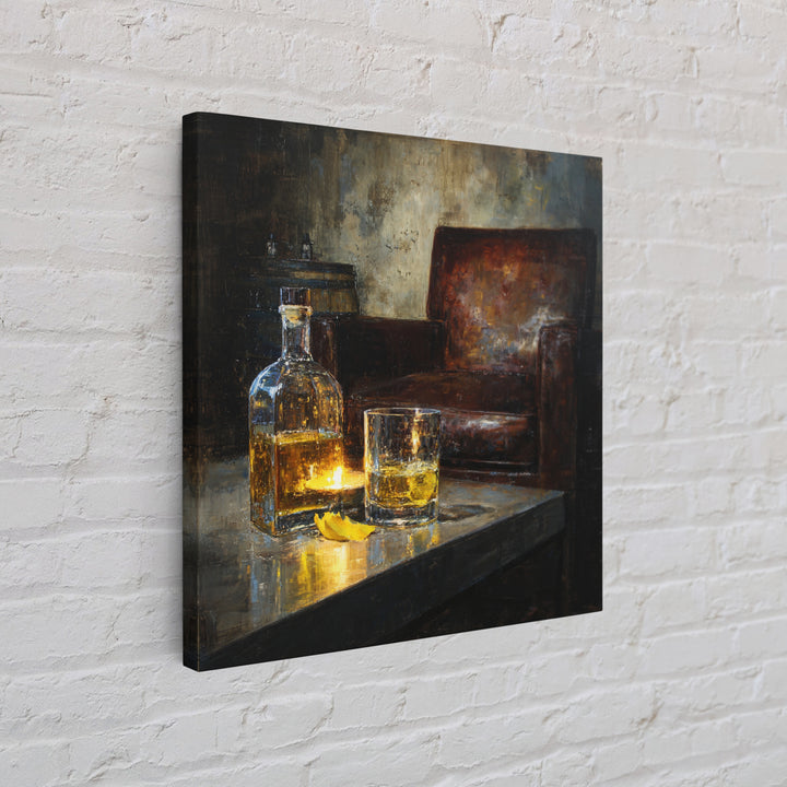 Whiskey Barrel and Leather Chair Mood Painting Canvas Print, Basement Art, Neutral Decor, Living Room Decor, Oil Painting, BAS-1x1-82