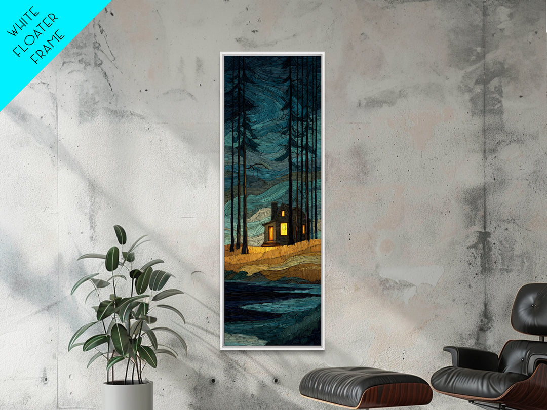Forest Cabin Night Scene Canvas Print, Basement Art, Canvas, Living Room Decor, Retreat, Bar Art, Digital Art Download, BAS-1x3-27