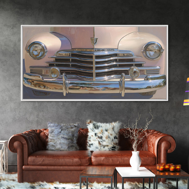 Classic Car Front Grill Closeup Framed Canvas Print, Basement Art, Statement Artwork, Living Room Decor, Fine Art, Retreat, BAS-2x1-18