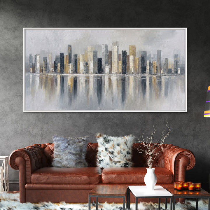 Dark Abstract City Skyline Framed Canvas Print, Basement Art, Western Decor, Living Room Decor, Retreat, Rustic Wall Art, BAS-2x1-3