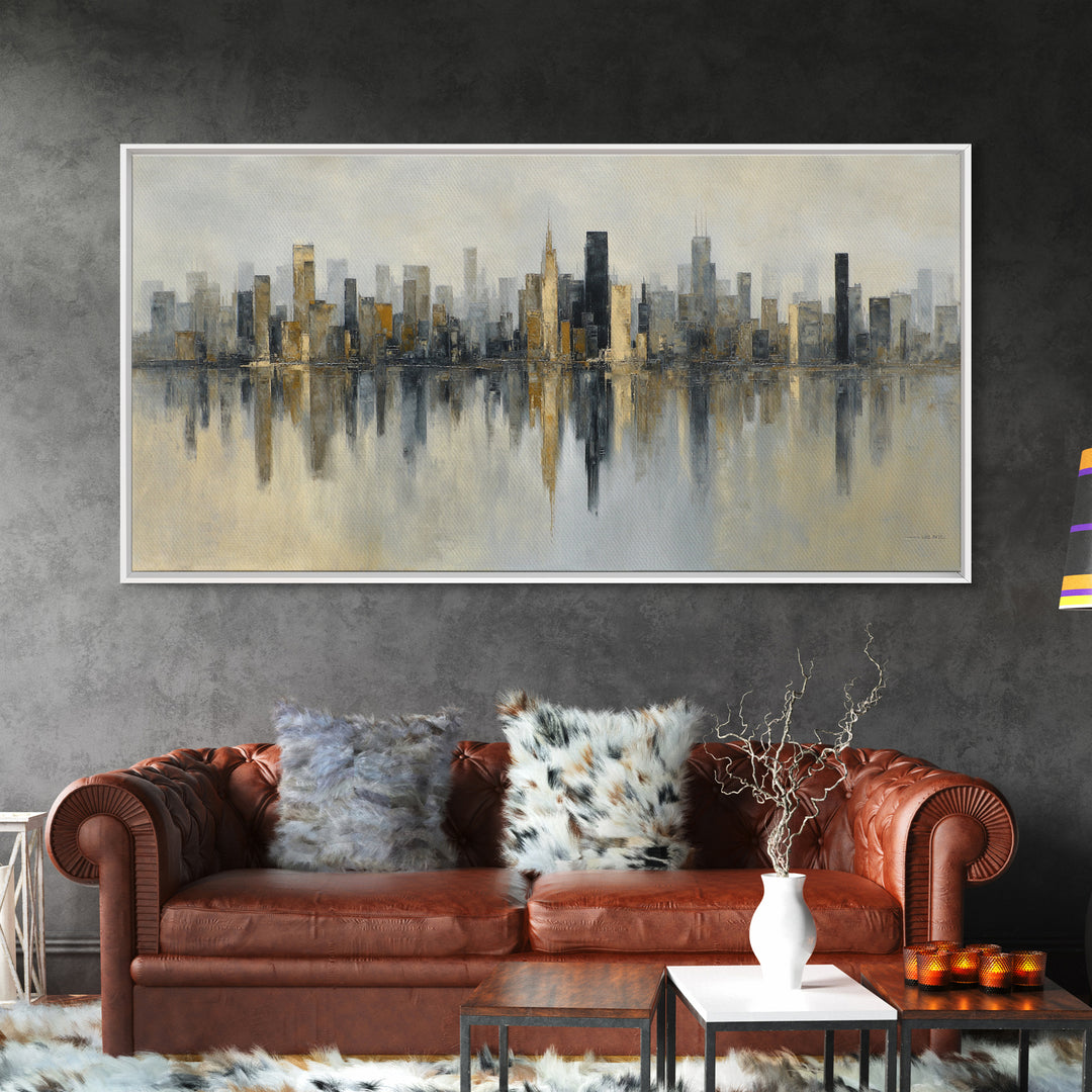 Dark Abstract City Skyline Framed Canvas Print, Basement Art, Digital Art Prints, Living Room Decor, Abstract Art, Retreat, BAS-2x1-51