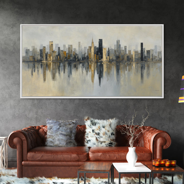 Dark Abstract City Skyline Framed Canvas Print, Basement Art, Digital Art Prints, Living Room Decor, Abstract Art, Retreat, BAS-2x1-51