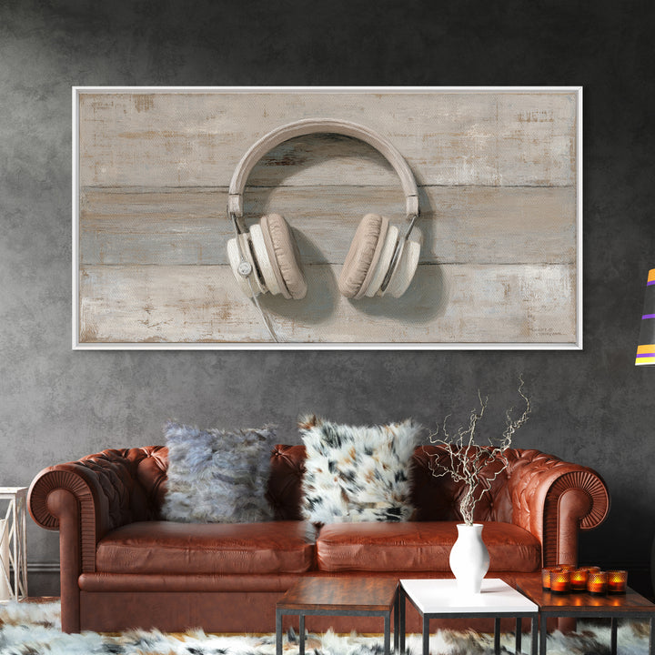 Vinyl Record and Headphones on Worn Wood Canvas Print, Basement Art, Classroom Decor, Living Room Decor, Oil Painting, Retreat, BAS-2x1-53