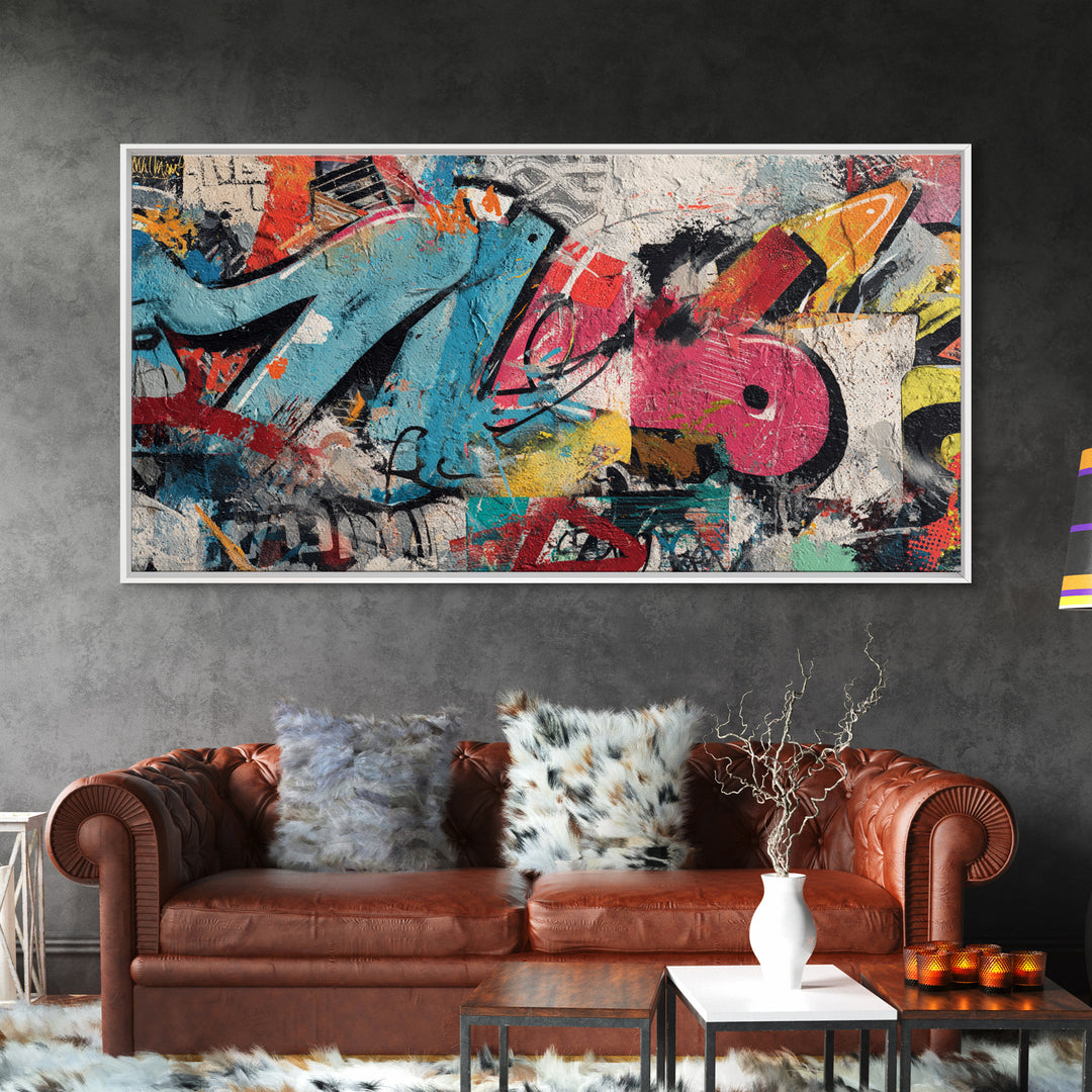 Urban Brick Graffiti Panel Framed Canvas Print, Basement Art, Game Room Decor, Living Room Decor, Fine Art, Retreat, BAS-2x1-67