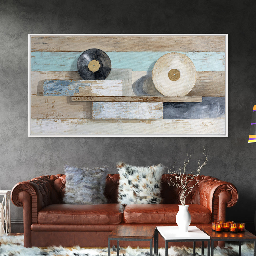 Vinyl Record and Headphones on Worn Wood Canvas Print, Basement Art, Classroom Decor, Living Room Decor, Oil Painting, Retreat, BAS-2x1-77