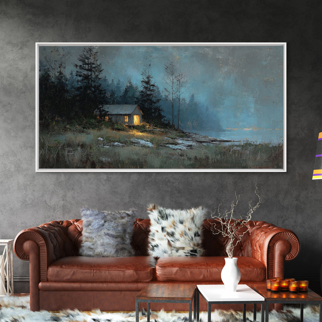 Forest Cabin Night Scene Framed Canvas Print, Basement Art, Contemporary Art, Living Room Decor, Oil Painting, Retreat, BAS-2x1-83