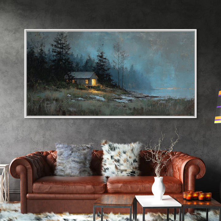Forest Cabin Night Scene Framed Canvas Print, Basement Art, Contemporary Art, Living Room Decor, Oil Painting, Retreat, BAS-2x1-83