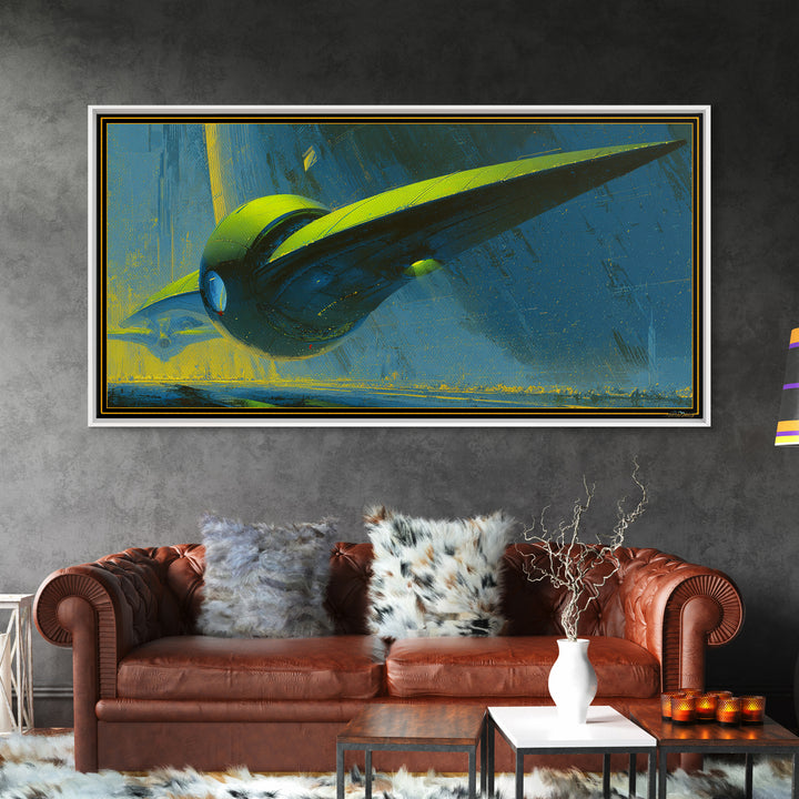 Retro Sci Fi Spaceship Poster for Entertainment Framed Canvas Print, Basement Art, Modern Wall Art, Living Room Decor, Retreat, BAS-2x1-85