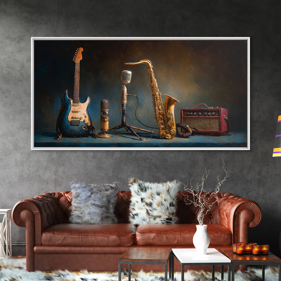 Classic Rock Guitar Still Life Framed Canvas Print, Basement Art, Digital Art Prints, Living Room Decor, Fine Art, Retreat, BAS-2x1-97