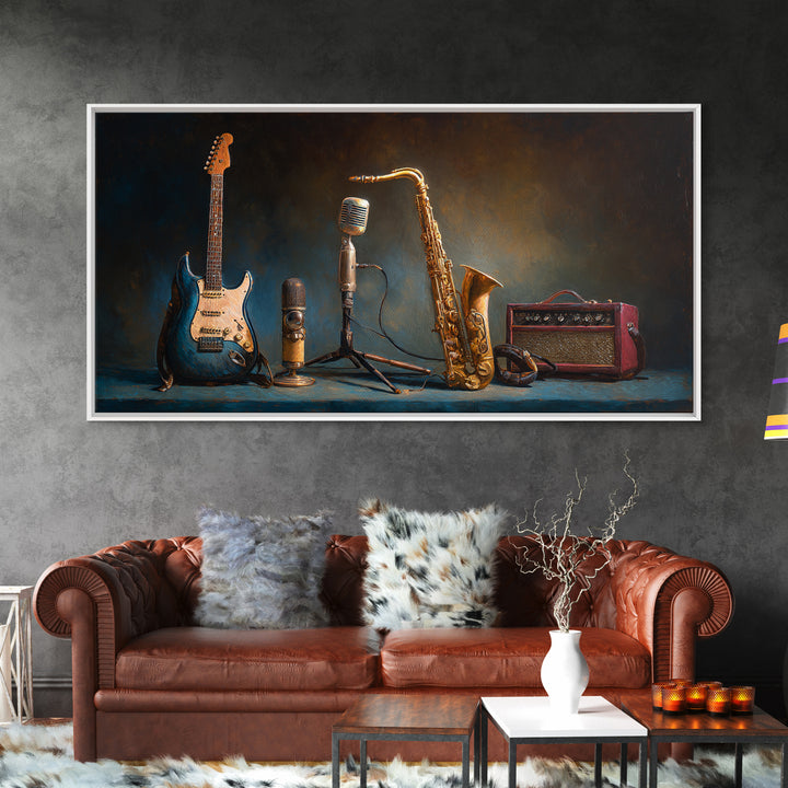 Classic Rock Guitar Still Life Framed Canvas Print, Basement Art, Digital Art Prints, Living Room Decor, Fine Art, Retreat, BAS-2x1-97