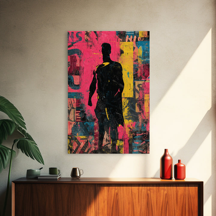 Comic Book Hero Silhouette Framed Canvas Print, Basement Art, Neutral Decor, Living Room Decor, Fine Art, Retreat, Wall Art, BAS-2x3-19