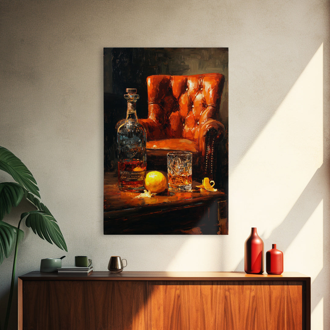 Whiskey Barrel and Leather Chair Mood Painting Canvas Print, Basement Art, Home Decor, Living Room Decor, Oil Painting, Retreat, BAS-2x3-66