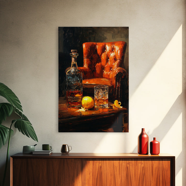 Whiskey Barrel and Leather Chair Mood Painting Canvas Print, Basement Art, Home Decor, Living Room Decor, Oil Painting, Retreat, BAS-2x3-66