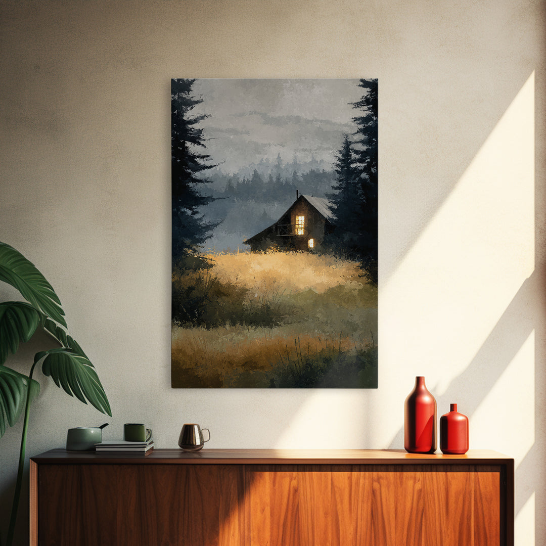 Forest Cabin Night Scene Canvas Print, Basement Art, Digital Art Download, Living Room Decor, Retreat, Steampunk Wall Art, BAS-2x3-95