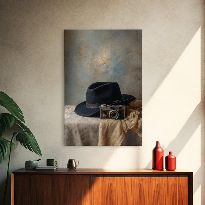 Noir Detective Hat and Camera Still Life Canvas Print, Basement Art, Digital Art Prints, Living Room Decor, Fine Art, Retreat, BAS-2x3-99