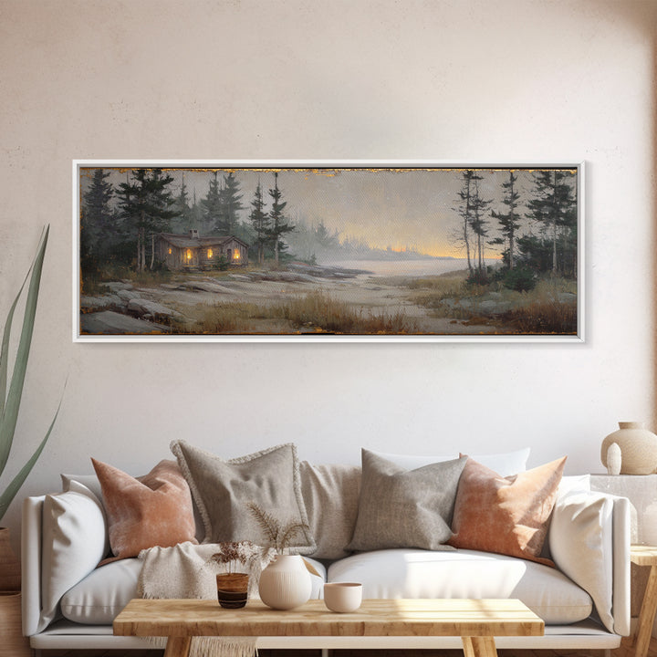 Forest Cabin Night Scene Canvas Print, Basement Art, Luxury Decor, Living Room Decor, Fine Art, Retreat, Oil Painting, BAS-3x1-31
