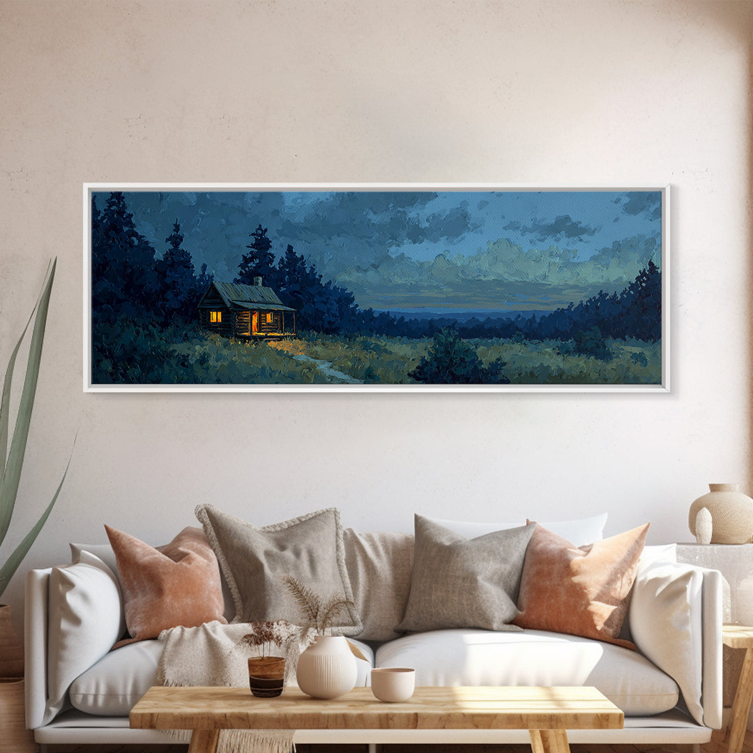 Forest Cabin Night Scene Framed Canvas Print, Basement Art, Contemporary Art, Living Room Decor, Oil Painting, Retreat, BAS-3x1-55