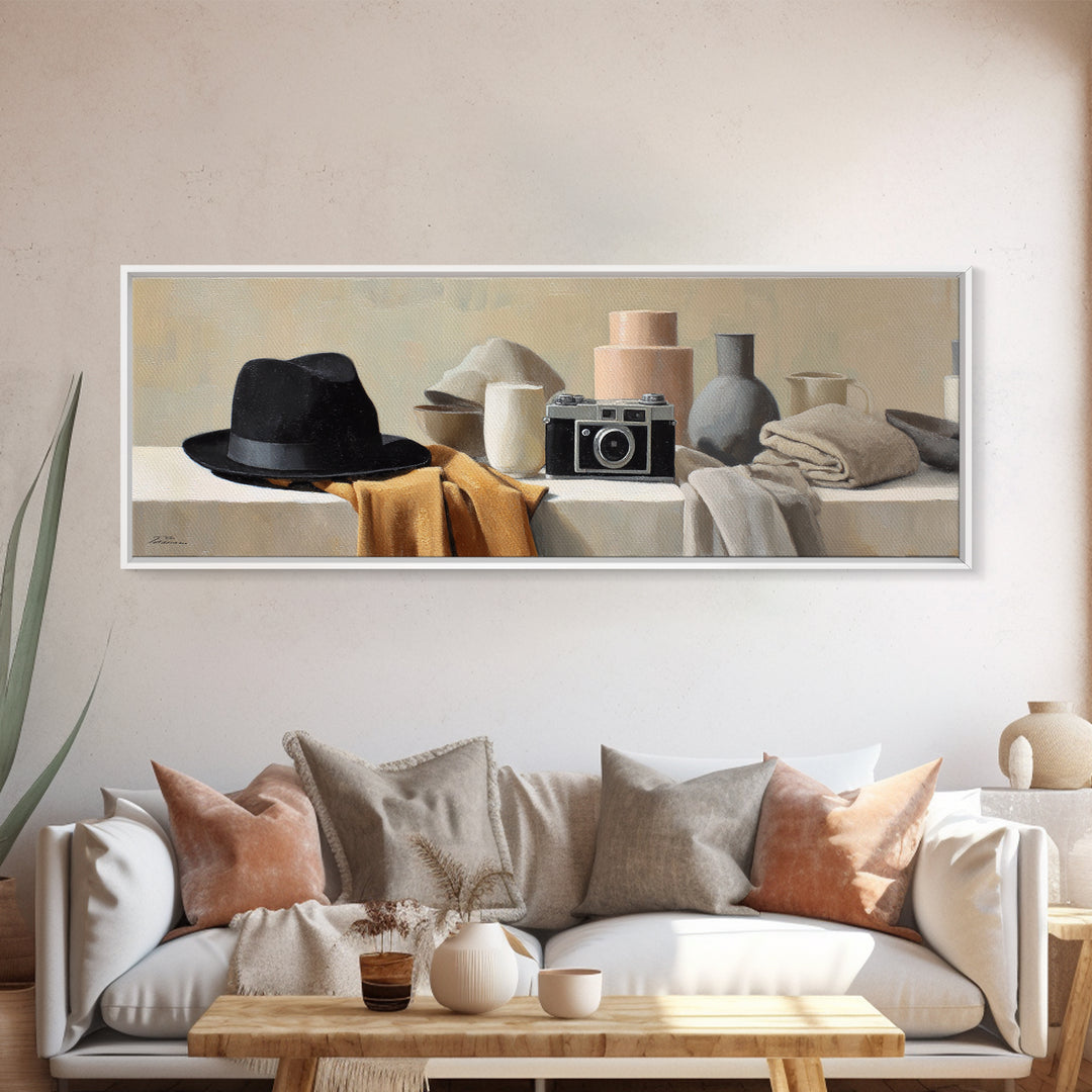 Noir Detective Hat and Camera Still Life Framed Canvas Print, Basement Art, Wall Art, Living Room Decor, Fine Art, Retreat, BAS-3x1-59