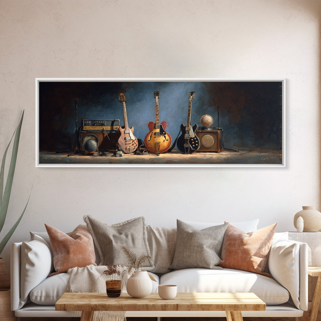 Classic Rock Guitar Still Life Framed Canvas Print, Basement Art, Cocktail Art, Living Room Decor, Fine Art, Retreat, BAS-3x1-69
