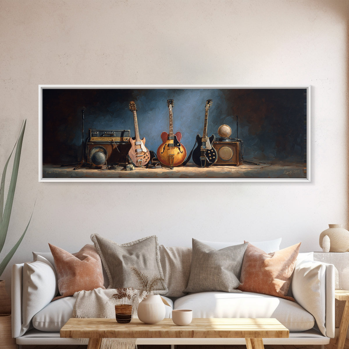 Classic Rock Guitar Still Life Framed Canvas Print, Basement Art, Cocktail Art, Living Room Decor, Fine Art, Retreat, BAS-3x1-69