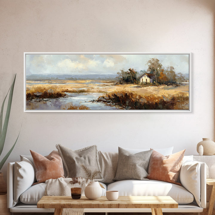 Forest Cabin Night Scene Framed Canvas Print, Basement Art, Western Decor, Living Room Decor, Retreat, Rustic Wall Art, BAS-3x1-79